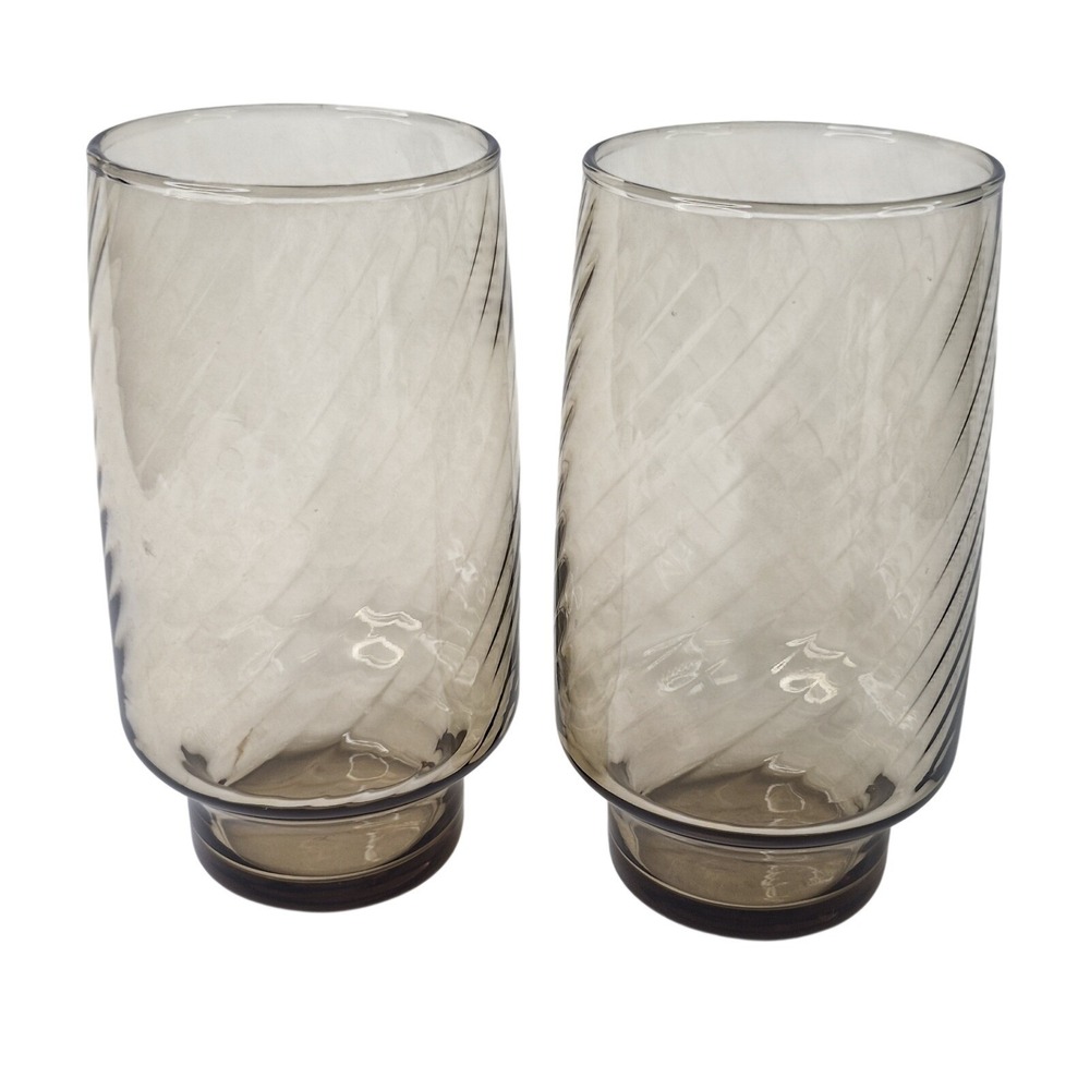 Libbey Smokey Swirl Tawny Brown Glass Tumblers 14oz Set of 2 Vintage Flat Base